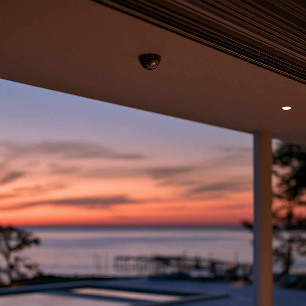 Discreet architectural AI camera integrated into a modern estate