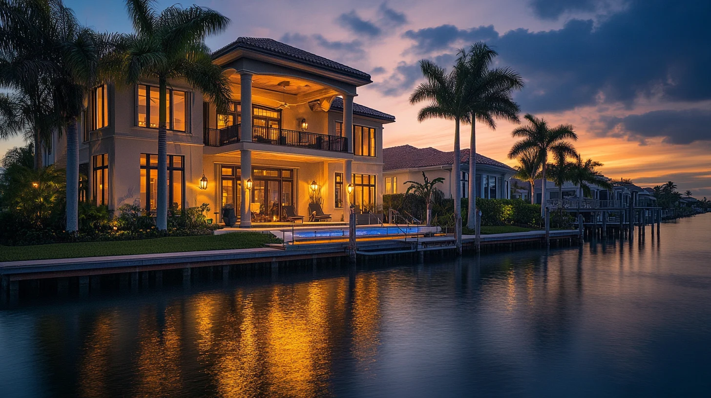 Waterfront home on Little Hickory Island, Bonita Beach, at twilight
