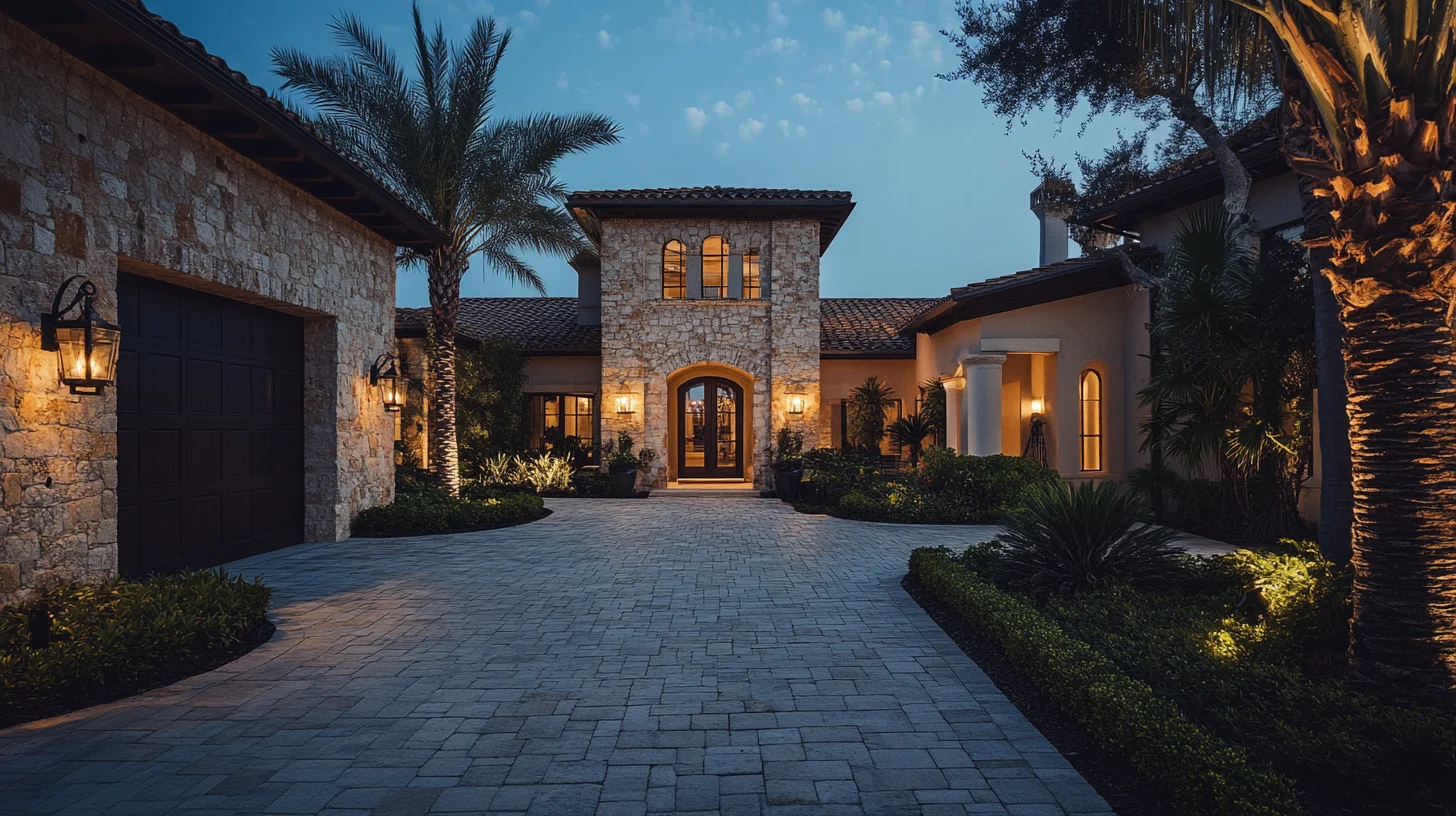 Tuscan-style gated golf estate in Mediterra, Naples at dusk