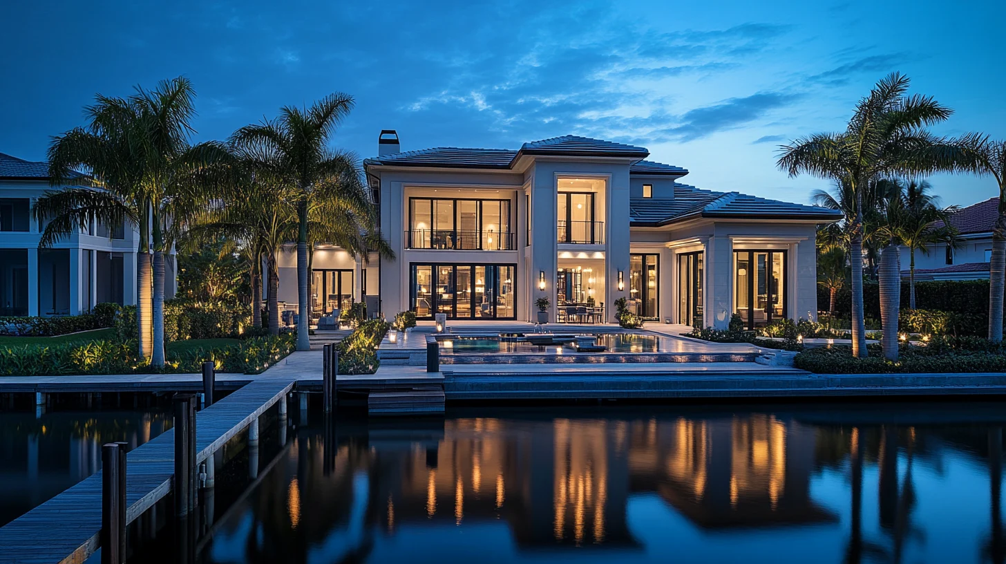 Park Shore waterfront home on Venetian Bay, Naples at blue hour
