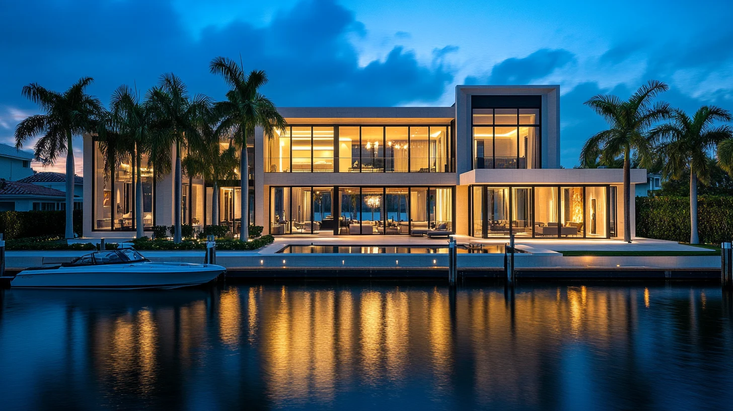 Deep-water canal estate in Port Royal, Naples at blue hour