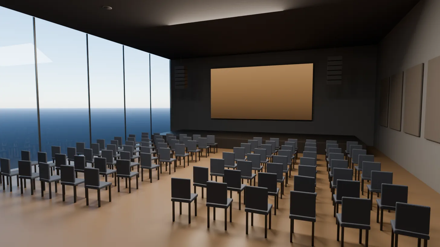 Cape Coral event venue with a stage display, flown line-array speakers and rows of seating