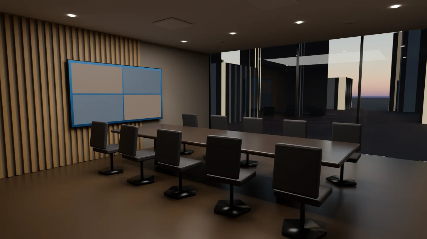 Fort Myers boardroom at dusk with a video-conferencing display, ceiling microphones and a downtown view