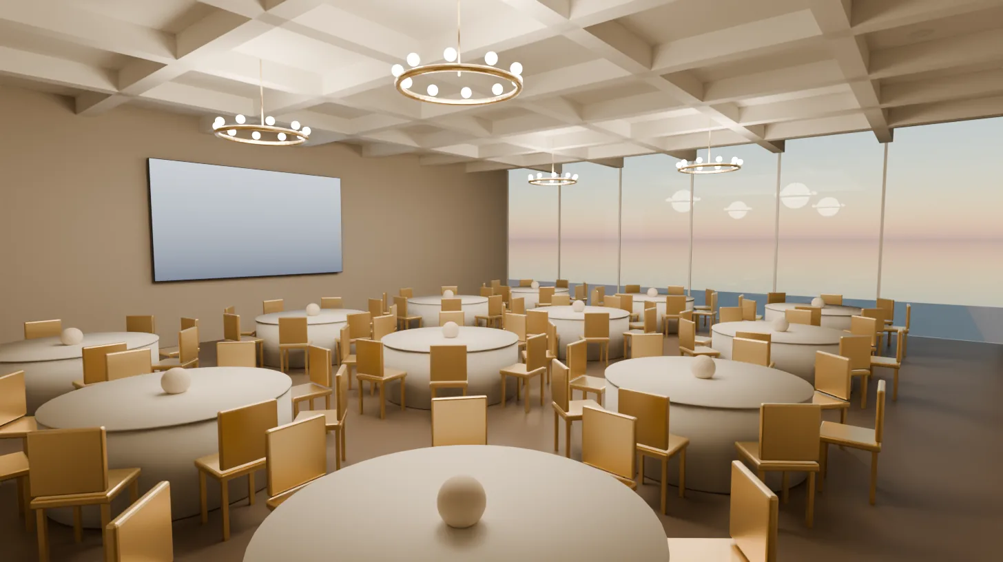 Marco Island resort ballroom at sunset with banquet rounds, chandeliers, a presentation display and a Gulf view