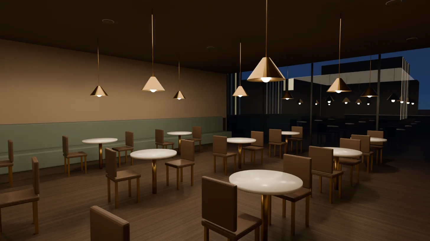 Naples restaurant dining room in the evening with pendant lights, banquette seating and flush ceiling speakers